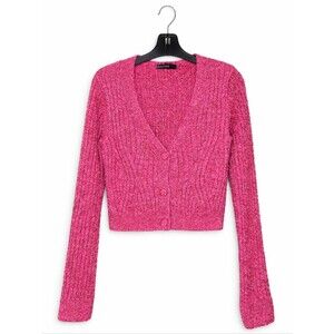 Mango Pink Fuchsia Metallic Cable Knit Long Sleeve Festive Chic Cropped Sweater